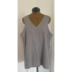 Cupio 100% Cotton Sleeveless Black & White Striped V Neck - Size L Top
